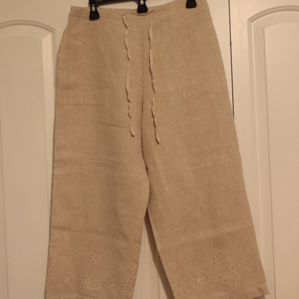 100% Linen Crop Pant By Units Sz Large Tan Straight Leg Elastic/Drawstring Waist